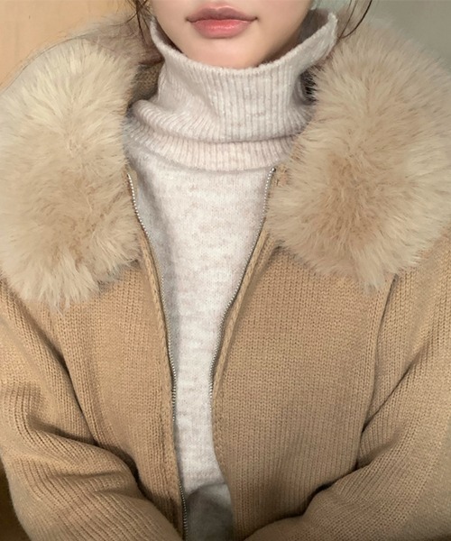 ReRe ニット セーター ファー付きフードジップアップニットトップス