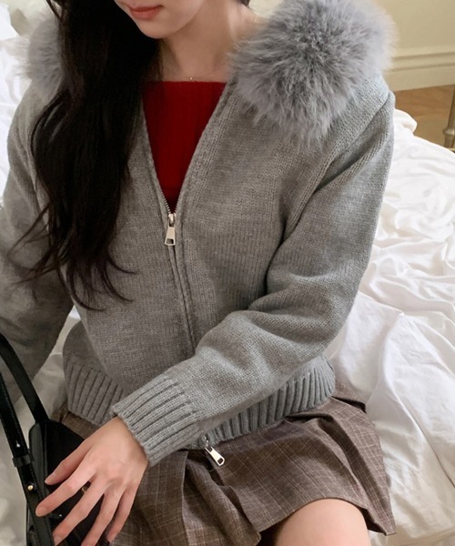 ReRe ニット セーター ファー付きフードジップアップニットトップス