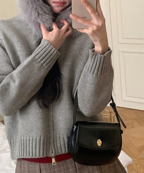 ReRe ニット セーター ファー付きフードジップアップニットトップス