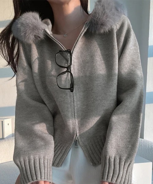 ENTWURFEIN ニットフーディー　昨年購入　Gray ReRe ニット セーター ファー付きフードジップアップニットトップス