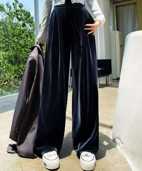 LOWO パンツ ベロア ワイドパンツ 冬 レディース 秋冬 ウエストゴム