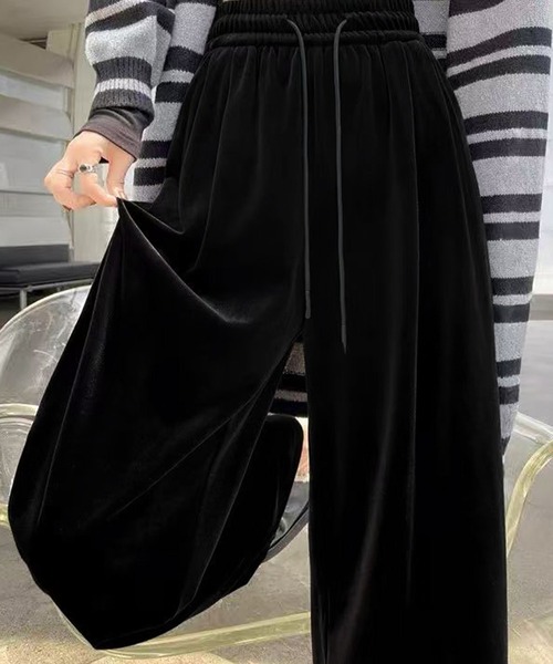 LOWO パンツ ベロア ワイドパンツ 冬 レディース 秋冬 ウエストゴム