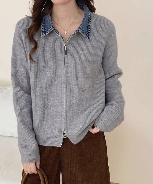 ReRe ニット セーター デニム襟付きジップニットトップス レディース
