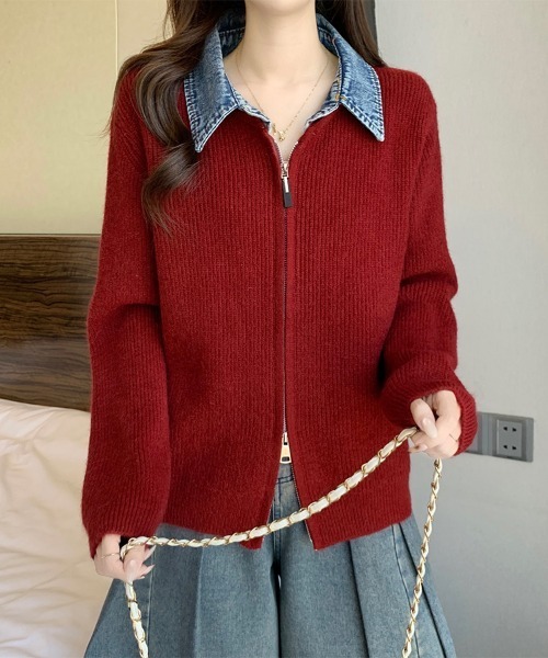 ReRe ニット セーター デニム襟付きジップニットトップス レディース