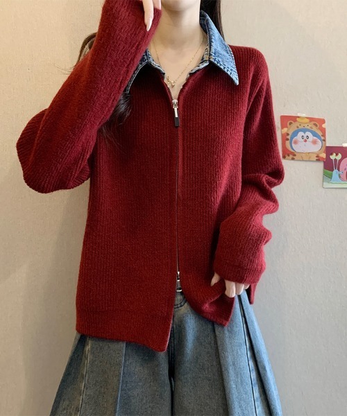 ReRe ニット セーター デニム襟付きジップニットトップス レディース