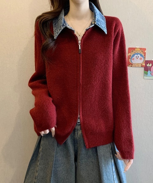 ReRe ニット セーター デニム襟付きジップニットトップス レディース