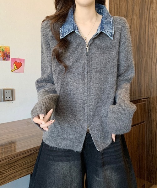 ReRe ニット セーター デニム襟付きジップニットトップス レディース