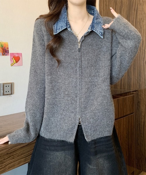 ReRe ニット セーター デニム襟付きジップニットトップス レディース