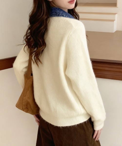 ReRe ニット セーター デニム襟付きジップニットトップス レディース