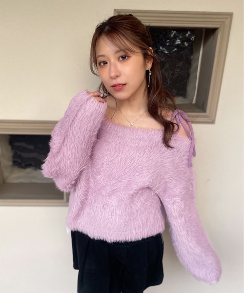 ニット セーター 「ふわモコ×前後2WAY」フェミ可愛い肩リボンフェザー