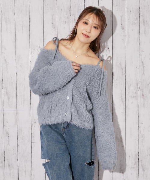 ニット セーター 「ふわモコ×前後2WAY」フェミ可愛い肩リボンフェザー