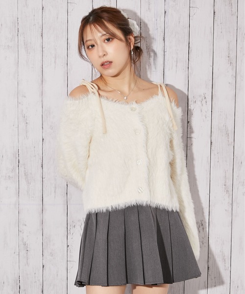 ニット セーター 「ふわモコ×前後2WAY」フェミ可愛い肩リボンフェザー