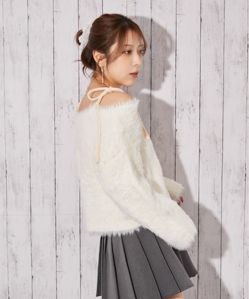 ニット セーター 「ふわモコ×前後2WAY」フェミ可愛い肩リボンフェザー