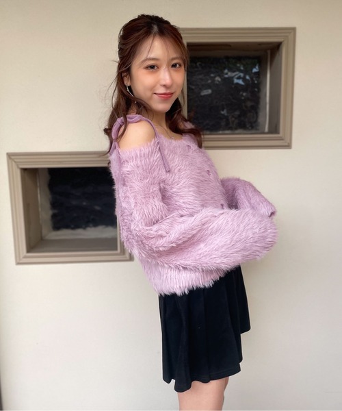 ニット セーター 「ふわモコ×前後2WAY」フェミ可愛い肩リボンフェザー