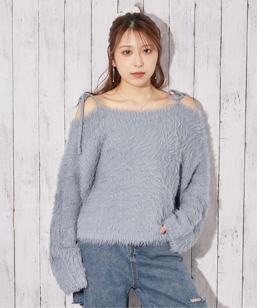 ココディール♥️フワモコ ニットセーター ニット セーター 「ふわモコ×前後2WAY」フェミ可愛い肩リボンフェザー