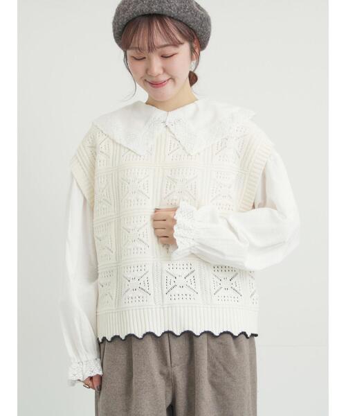 ♡購入者さま♡慈雨トップス　ニットベスト セール】 前後着透かし編みニットベスト（オフホワイト/ベージュ