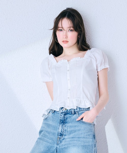 ブラウス シャツ 「モデル美香着用」コルセット風ピンタックブラウス レディースの画像