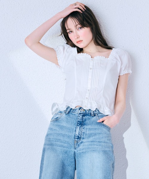 ブラウス シャツ 「モデル美香着用」コルセット風ピンタックブラウス レディースの画像