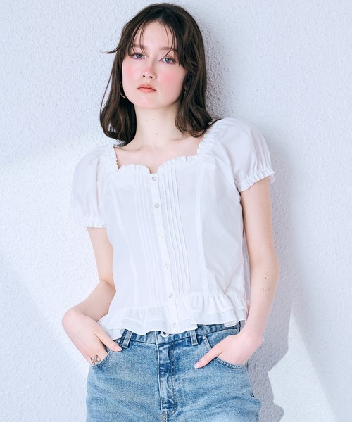 ブラウス シャツ 「モデル美香着用」コルセット風ピンタックブラウス レディースの画像
