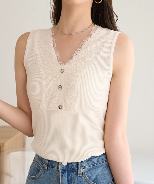 み*め様 【美品】 PLEATS PLEASEケーブルニットVネックノースリーブ KOBE LETTUCE（神戸レタス） ニット セーター 胸元レースVネック