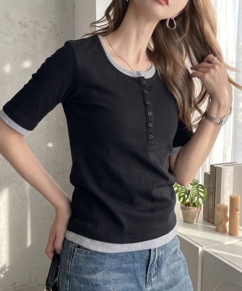 Eclat one ヘンリーネック tシャツ 半袖 「Eclat one」バイカラー 配色 