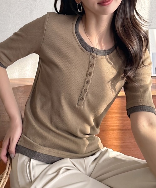 Eclat one ヘンリーネック tシャツ 半袖 「Eclat one」バイカラー 配色