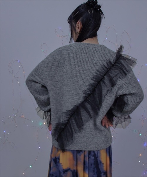 ニット セーター アシメチュールニット レディース miette ニット セーター アシンメトリーチュールフリルニット