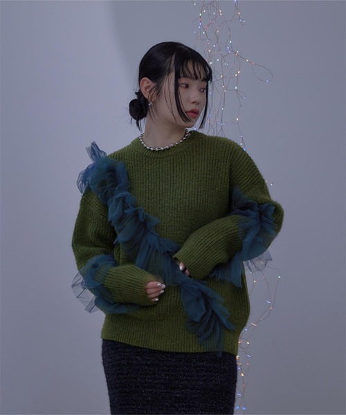 ニット セーター アシメチュールニット レディース miette ニット セーター アシンメトリーチュールフリルニット