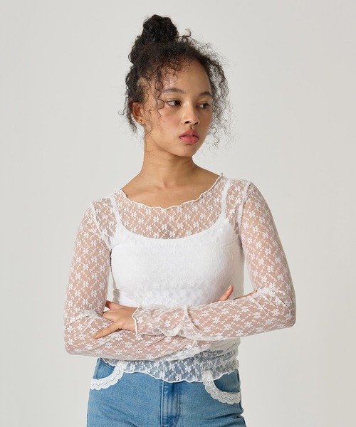 TINA：JOJUN tシャツ フラワー シアーレースカットソー