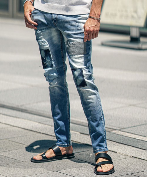 ジーンズ 「SOMEDIFF」リペア加工テーパードデニムパンツ メンズ 