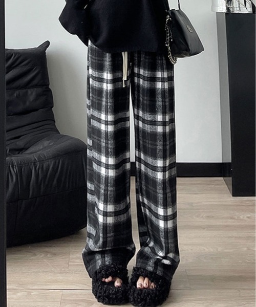 パンツ ハイウエスト チェック ワイド 起毛 レディース : ZOZOTOWN