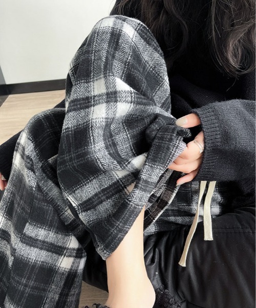 パンツ ハイウエスト チェック ワイド 起毛 レディース : ZOZOTOWN