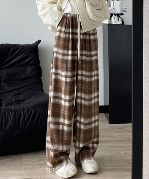 パンツ ハイウエスト チェック ワイド 起毛 レディース : ZOZOTOWN