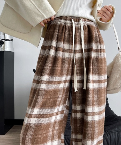 パンツ ハイウエスト チェック ワイド 起毛 レディース : ZOZOTOWN