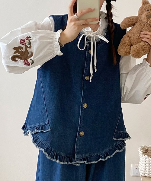 フリルデニムベスト aimoha ベスト ジレ フリルデニムベスト レディース : ZOZOTOWN