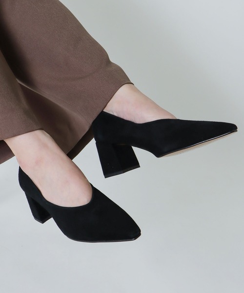パンプス Flattered / ANGELA(アンジェラスエードブラック 太ヒールレザーパンプス)