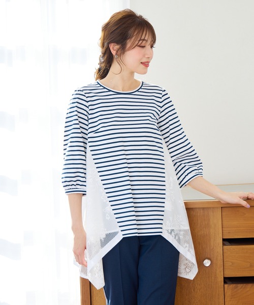 tシャツ バックレース切替ボーダーカットソー レディース