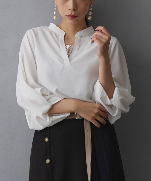 ニコルホワイト] 袖ドロスト使い5分袖バンドカラーシャツ 五分丈シャツ