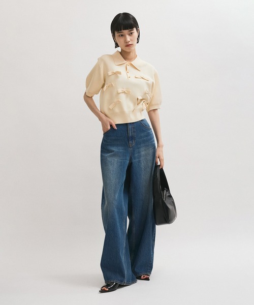 ADAM ET ROPE FEMME リボンポロニット 半袖 ADAM ET ROPE' ポロシャツ ポロ リボンポロニット レディース