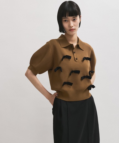 ADAM ET ROPE FEMME リボンポロニット 半袖 ADAM ET ROPE' ポロシャツ ポロ リボンポロニット レディース