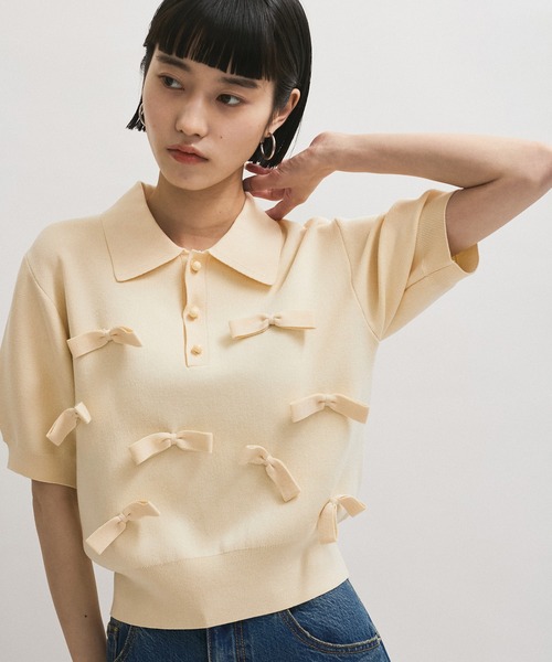 ADAM ET ROPE FEMME リボンポロニット 半袖 ADAM ET ROPE' ポロシャツ ポロ リボンポロニット レディース