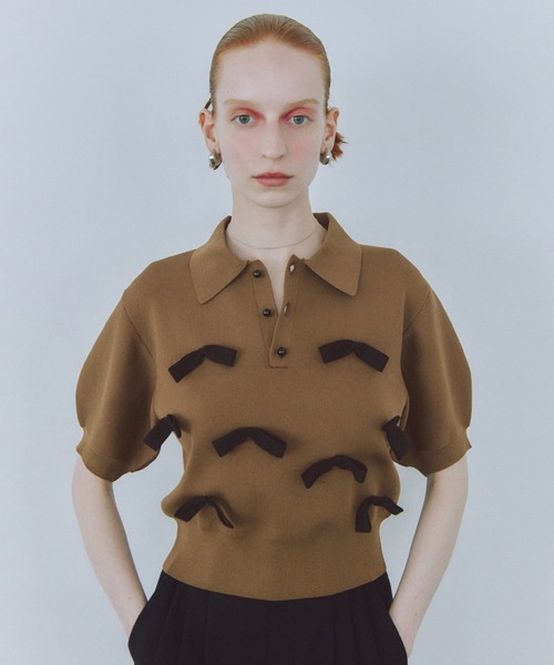 ADAM ET ROPE FEMME リボンポロニット 半袖 ADAM ET ROPE' ポロシャツ ポロ リボンポロニット レディース