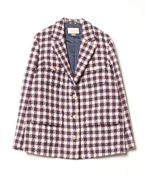 GUCCI（グッチ） チェック柄チェスターコート 40 ネイビー レディース