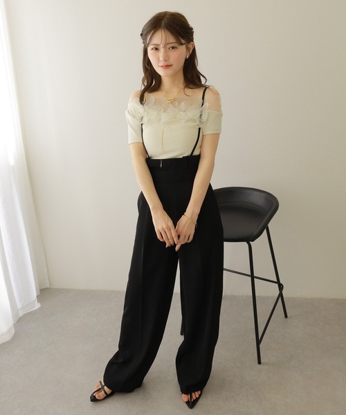tシャツ 半袖 flower motif sheer tops /異素材 フラワー モチーフ