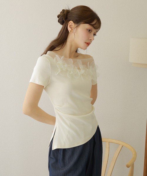 tシャツ flower motif sheer tops /異素材 フラワー モチーフ 半袖