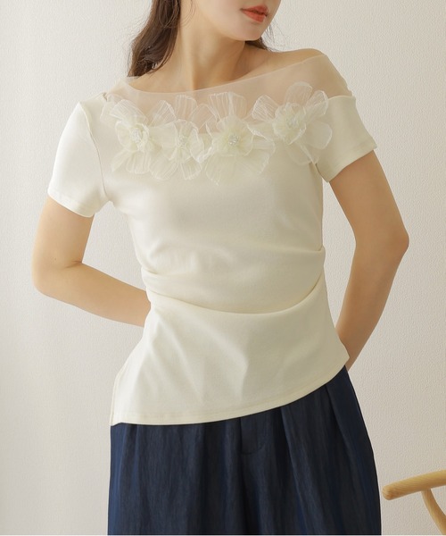tシャツ 半袖 flower motif sheer tops /異素材 フラワー モチーフ