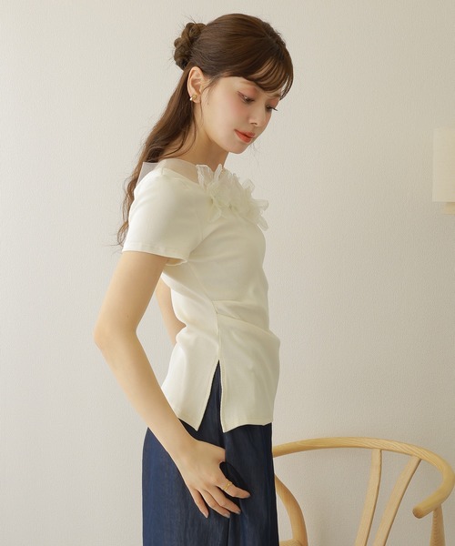 tシャツ 半袖 flower motif sheer tops /異素材 フラワー モチーフ