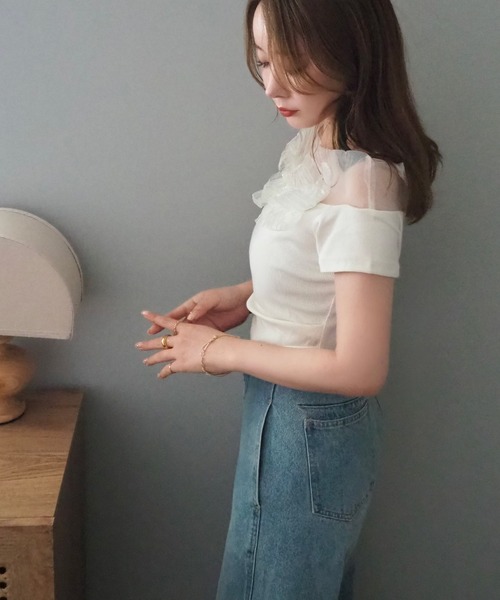 tシャツ 半袖 flower motif sheer tops /異素材 フラワー モチーフ