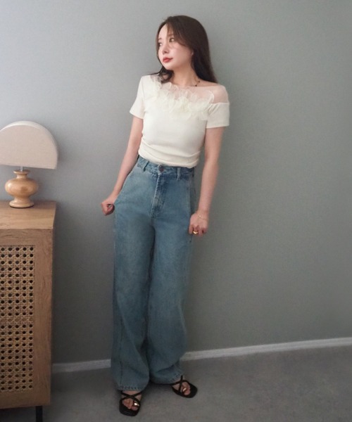 tシャツ 半袖 flower motif sheer tops /異素材 フラワー モチーフ