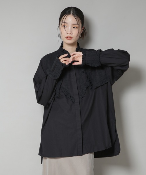 ブラウス シャツ Sara mallika/COTTON PINTUCK LACE BLOUSE レディースの画像